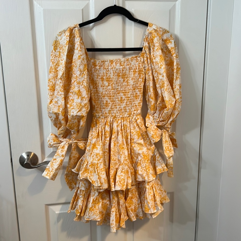 Orange floral, puff sleeve ruffled mini dress